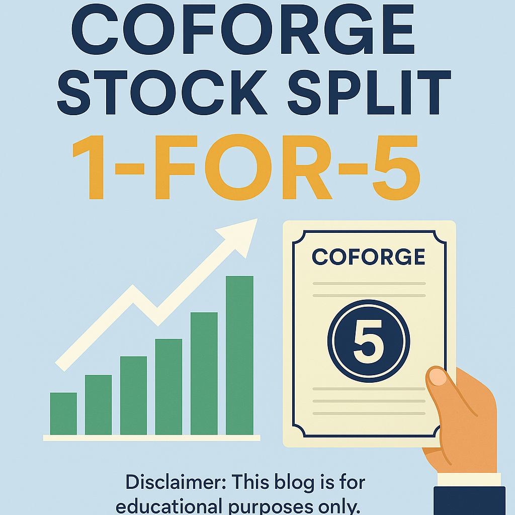 Illustration showing Coforge stock split announcement with bold text "COFORGE STOCK SPLIT 1-FOR-5," a rising bar graph, a certificate labeled "Coforge 5," and a hand holding the certificate; includes disclaimer for educational purposes.