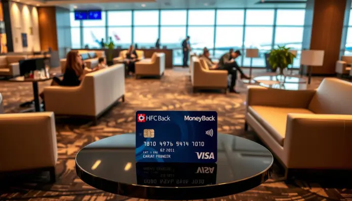 HDFC credit card with airport lounge in the background – representing new lounge access policy in 2025